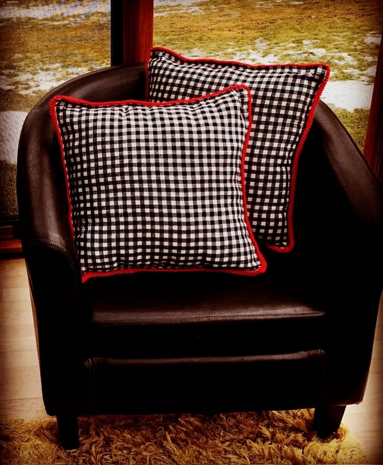 Black leather armchair with black and white checkered pillows trimmed in red, positioned on a textured rug